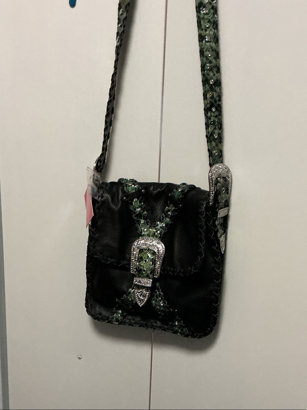 Black Crossbody Bag with Green Crystal Buckle Accent